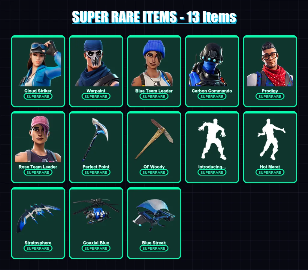 [PC/XBOX/PSN] | Cloud Striker | Warpaint | Blue Team Leader | Carbon Commando | Prodigy | 19 skin | 21 pickaxe | 23 emote | 21 glider | Lv210