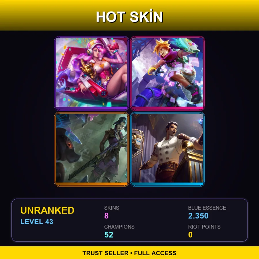 LAN | Lv43 | Unranked | 8 Skin | 52 Champ — LoL account