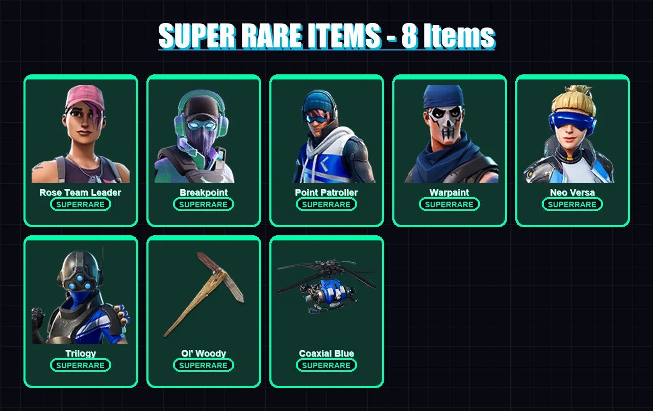 [PC/XBOX/PSN] | Rose Team Leader | Breakpoint | Point Patroller | Warpaint | Neo Versa | 81 skin | 68 pickaxe | 67 emote | 67 glider | Lv1117
