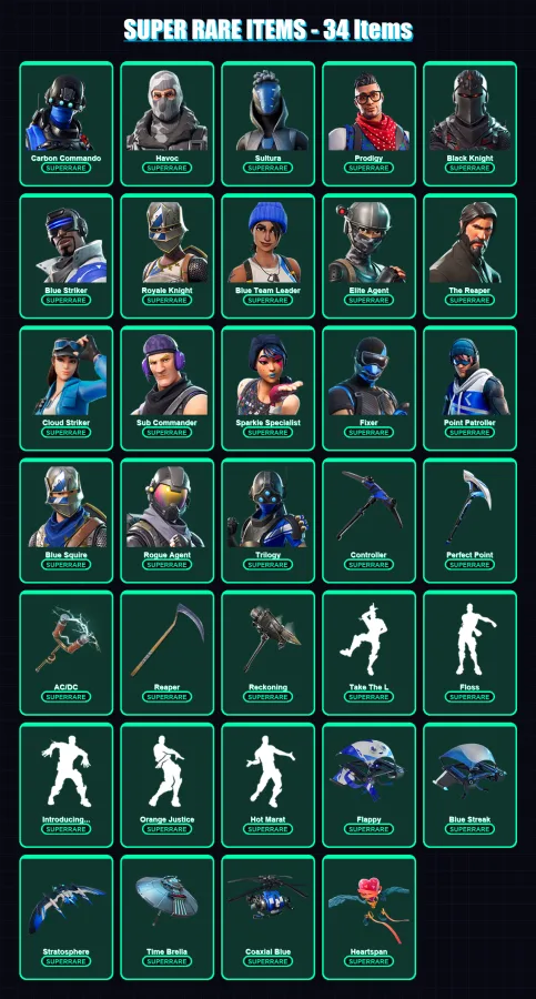 [PC/XBOX] | Carbon Commando | Havoc | Sultura | Prodigy | Black Knight | 105 skin | 103 pickaxe | 133 emote | 102 glider | Lv1558