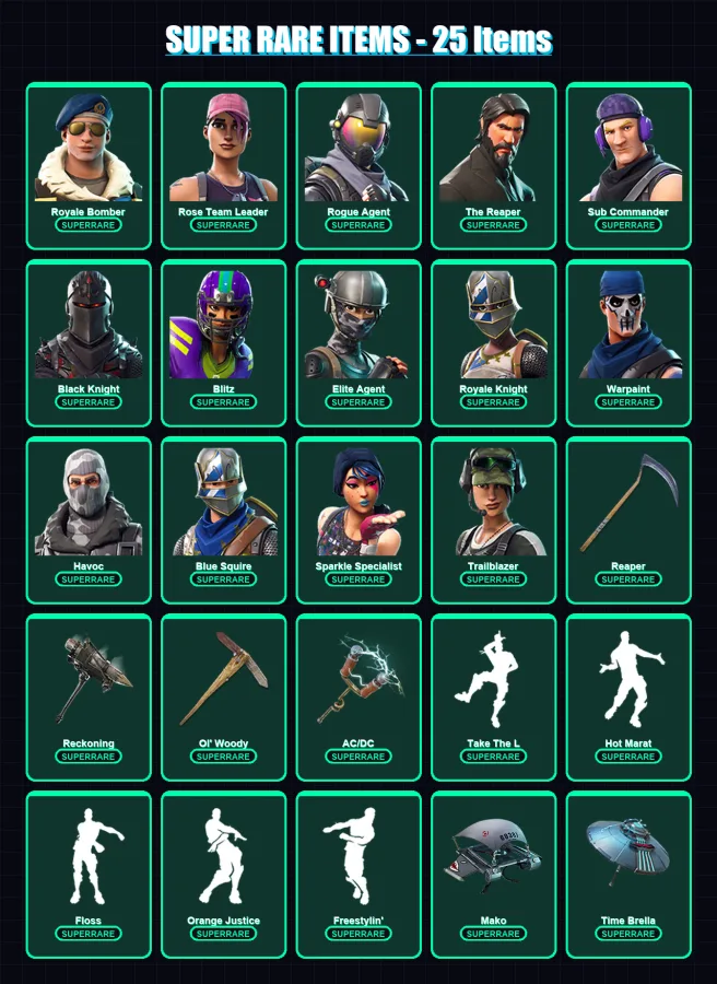 [PC] | Royale Bomber | Rose Team Leader | Rogue Agent | The Reaper | Sub Commander | 138 skin | 91 pickaxe | 113 emote | 100 glider | Lv1480