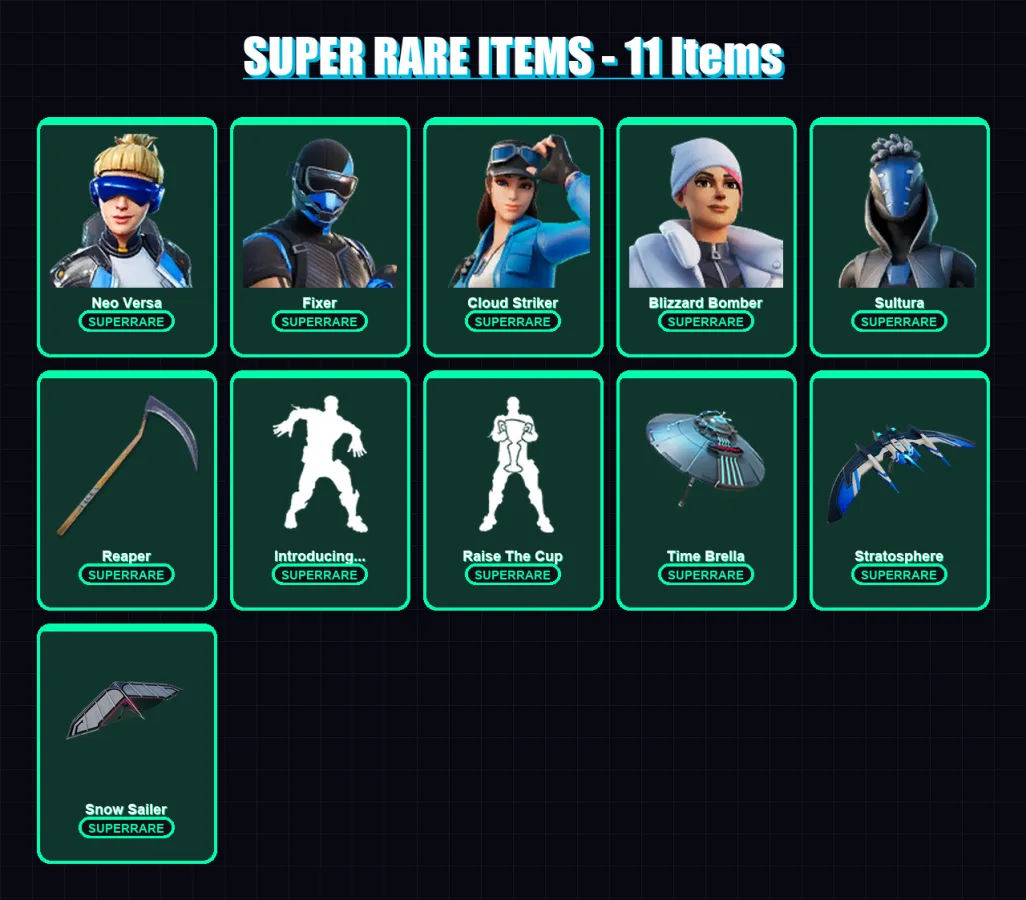 [PS4/PS5/XBOX/PC] | Neo Versa | Fixer | Cloud Striker | Blizzard Bomber | Sultura | 130 skin | 196 pickaxe | 145 emote | 156 glider | Lv2802