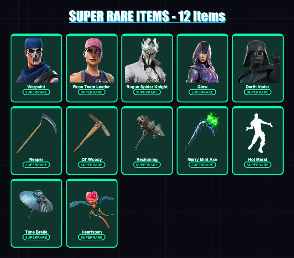 [PC] | Warpaint | Rose Team Leader | Rogue Spider Knight | Glow | Darth Vader | 120 skin | 150 pickaxe | 149 emote | 133 glider | Lv2085