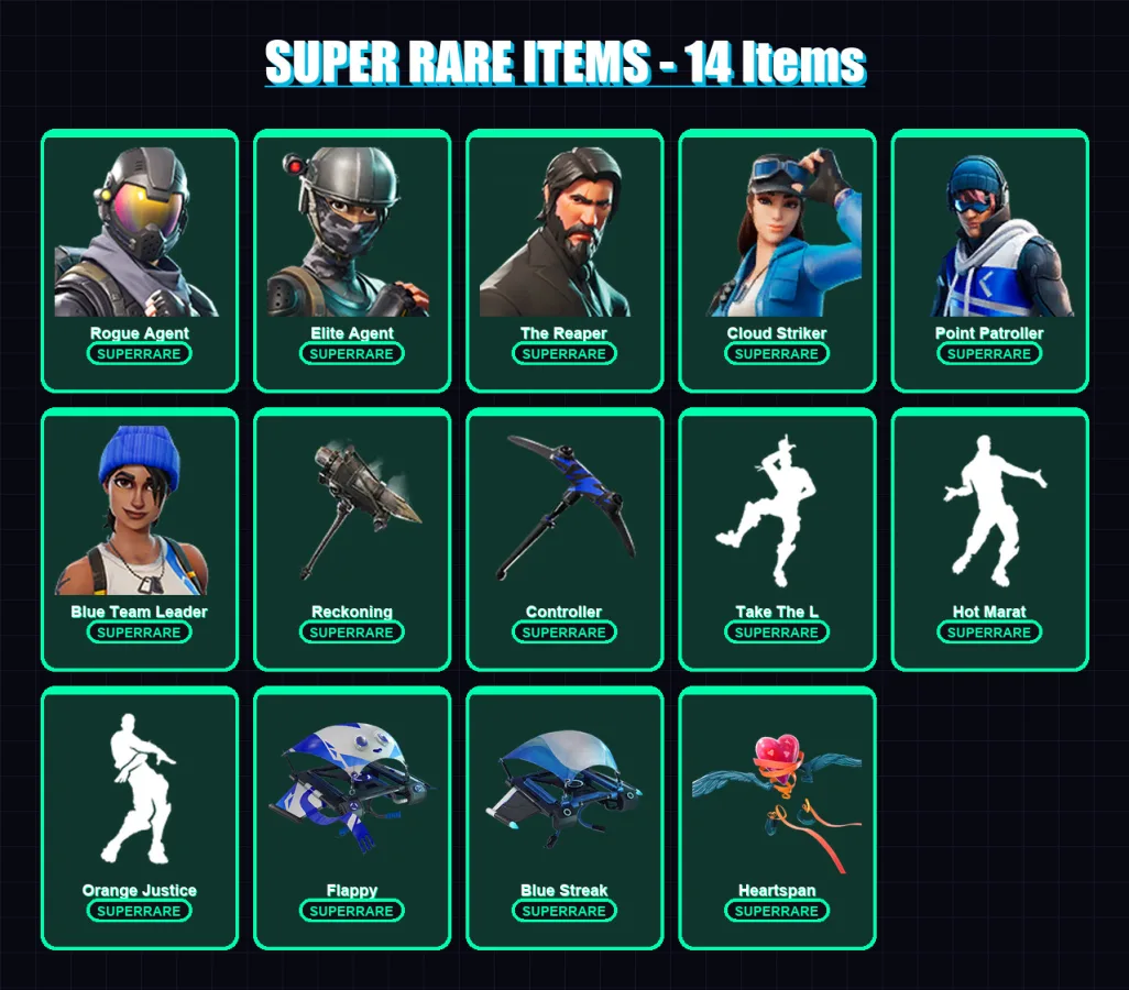 [PC/XBOX] | Rogue Agent | Elite Agent | The Reaper | Cloud Striker | Point Patroller | 63 skin | 61 pickaxe | 62 emote | 74 glider | Lv1126