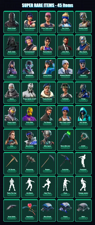 [PC] | Black Knight | Sparkle Specialist | Rose Team Leader | Neo Versa | Royale Knight | 297 skin | 236 pickaxe | 349 emote | 190 glider | Lv2377