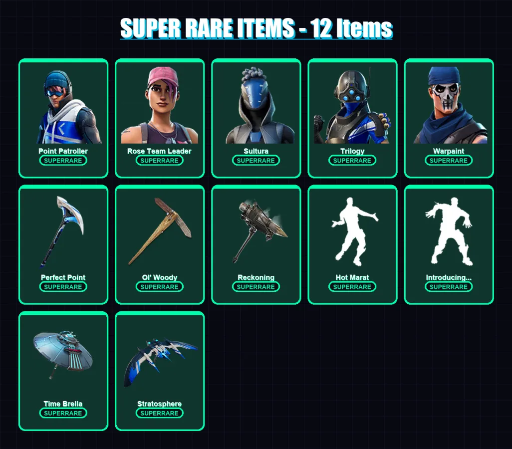 [PS4/PS5/XBOX/PC] | Point Patroller | Rose Team Leader | Sultura | Trilogy | Warpaint | 72 skin | 122 pickaxe | 100 emote | 95 glider | Lv1892