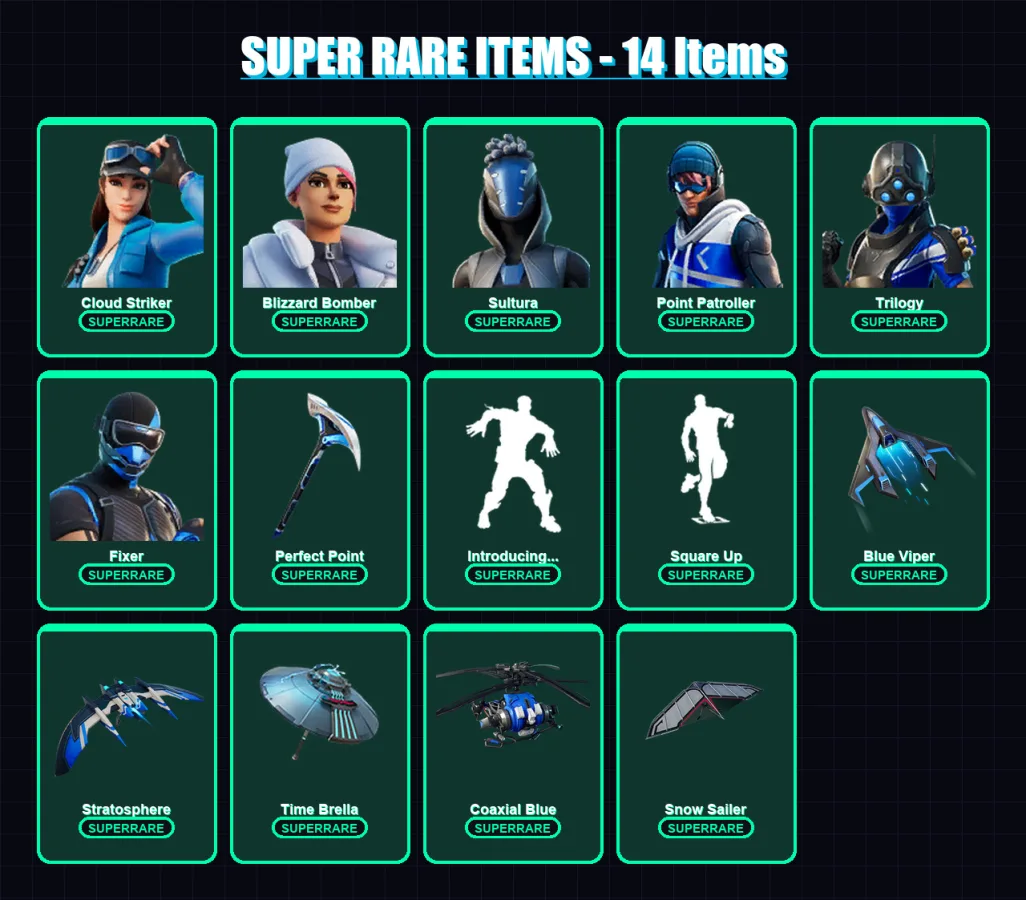 [PS4/PS5/XBOX/PC] | Cloud Striker | Blizzard Bomber | Sultura | Point Patroller | Trilogy | 102 skin | 118 pickaxe | 94 emote | 88 glider | Lv1119 — Fortnite account