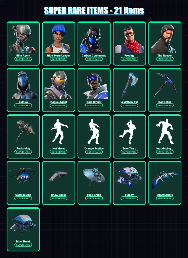[PC] | Elite Agent | Blue Team Leader | Carbon Commando | Prodigy | The Reaper | 192 skin | 203 pickaxe | 212 emote | 177 glider | Lv2693