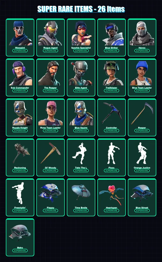 [PC/PSN] | Warpaint | Rogue Agent | Sparkle Specialist | Blue Striker | Havoc | 43 skin | 33 pickaxe | 48 emote | 43 glider | Lv577