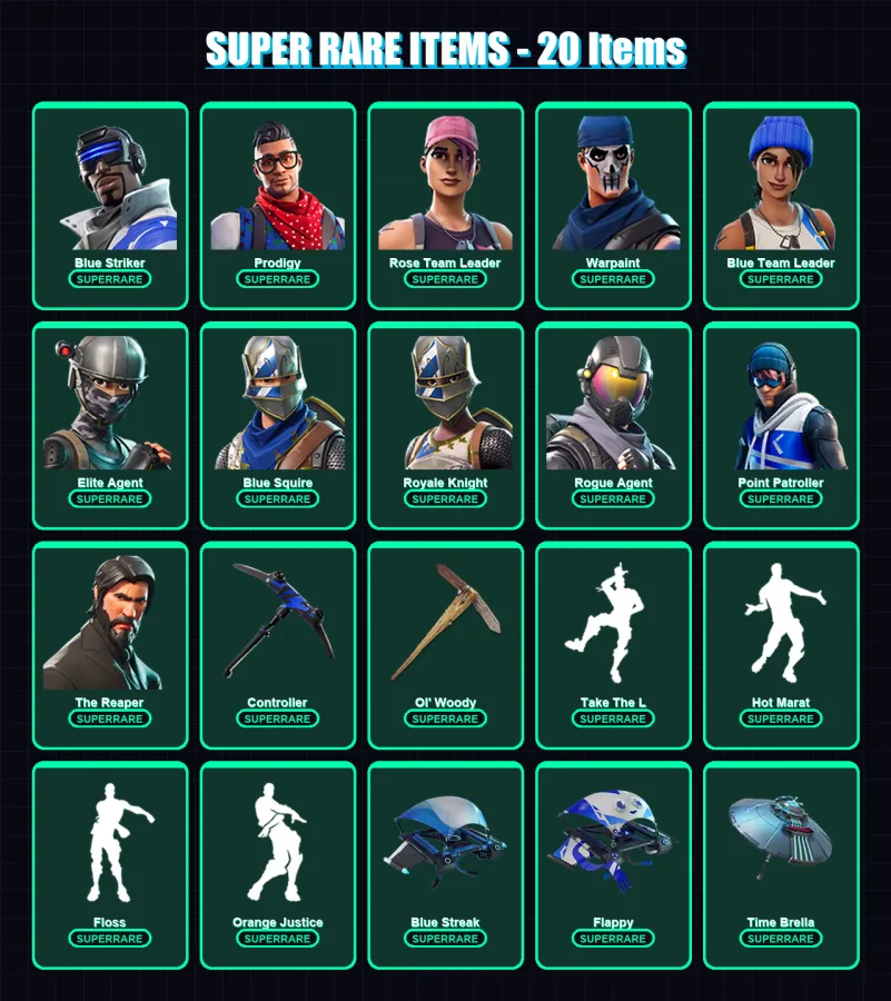 [PC/XBOX] | Blue Striker | Prodigy | Rose Team Leader | Warpaint | Blue Team Leader | 33 skin | 34 pickaxe | 48 emote | 47 glider | Lv642 — Fortnite account