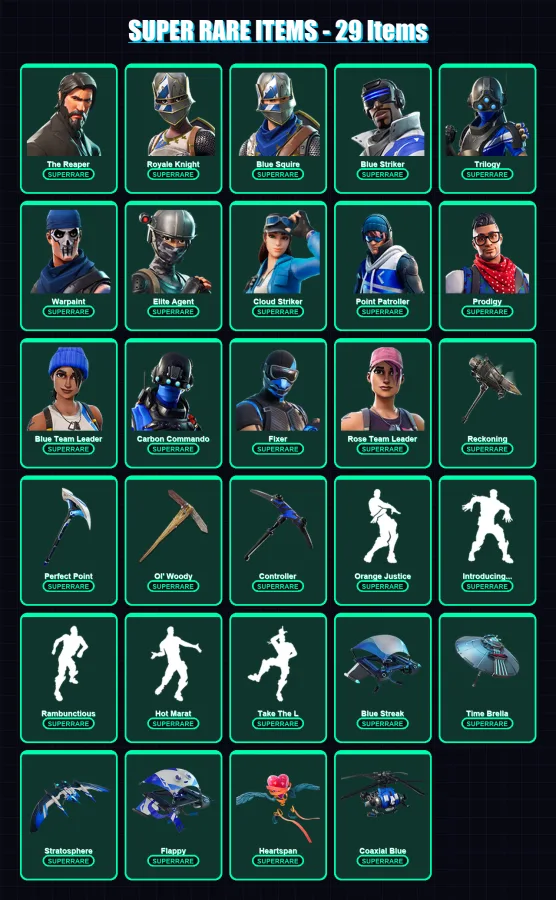 [PS4/PS5/XBOX/PC] | The Reaper | Royale Knight | Blue Squire | Blue Striker | Trilogy | 120 skin | 95 pickaxe | 115 emote | 113 glider | Lv1317