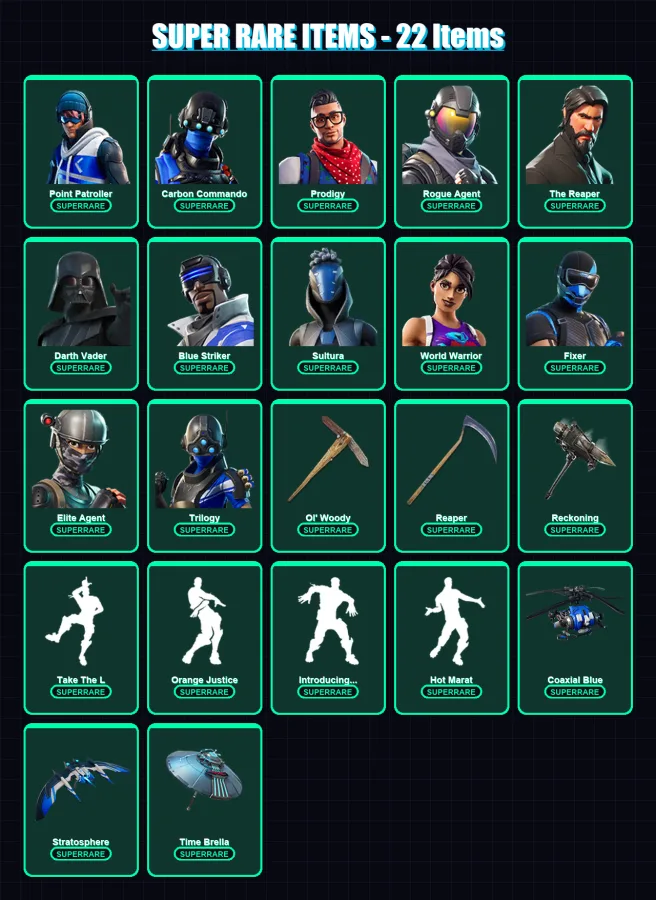 [PS4/PS5/XBOX/PC] | Point Patroller | Carbon Commando | Prodigy | Rogue Agent | The Reaper | 160 skin | 171 pickaxe | 129 emote | 138 glider | Lv236