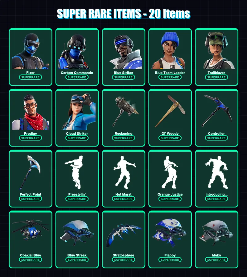 [PC] | Fixer | Carbon Commando | Blue Striker | Blue Team Leader | Trailblazer | 42 skin | 33 pickaxe | 54 emote | 39 glider | Lv422