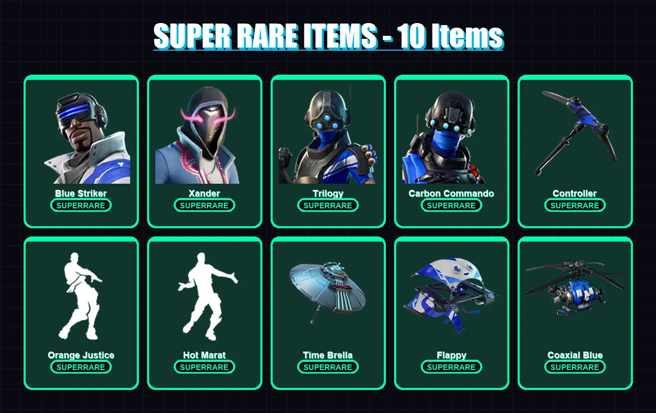 [PC/XBOX/PSN] | Blue Striker | Xander | Trilogy | Carbon Commando | Hybrid | 34 skin | 59 pickaxe | 84 emote | 56 glider | Lv1203
