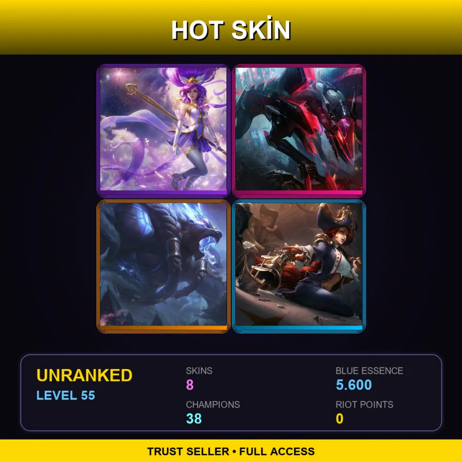 EUW | Lv55 | Unranked | 8 Skin | 38 Champ