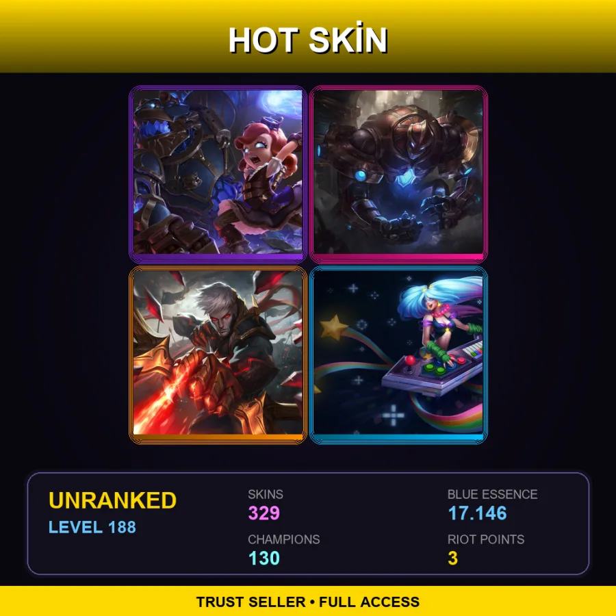 EUW | Lv188 | Unranked | 329 Skin | 130 Champ — LoL account