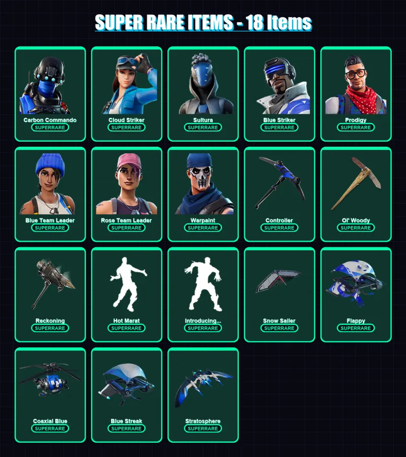 [PS4/PS5/XBOX/PC] | Carbon Commando | Cloud Striker | Sultura | Blue Striker | Prodigy | 43 skin | 50 pickaxe | 59 emote | 54 glider | Lv596