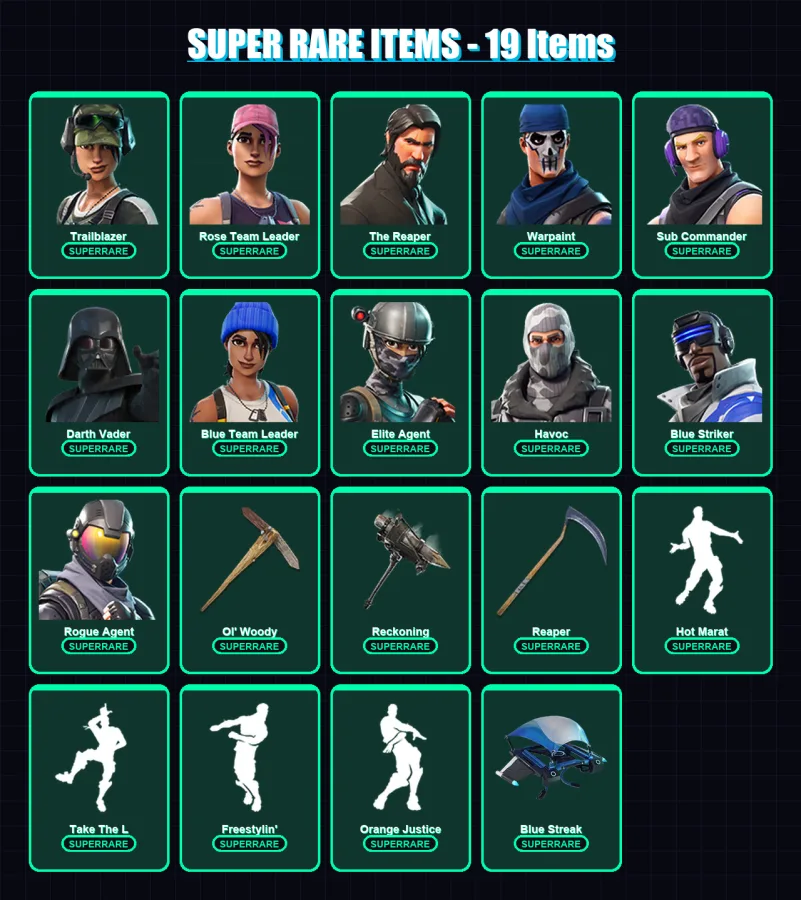 [PC/XBOX] | Trailblazer | Rose Team Leader | The Reaper | Warpaint | Sub Commander | 54 skin | 60 pickaxe | 49 emote | 51 glider | Lv505