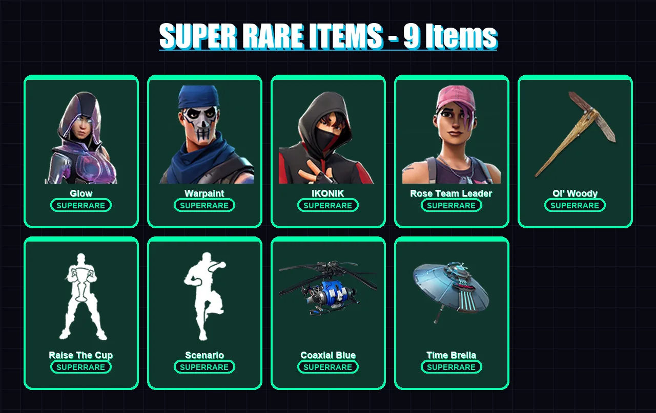 [PS4/PS5/XBOX/PC] | Glow | Warpaint | IKONIK | Rose Team Leader | Lynx | 46 skin | 46 pickaxe | 58 emote | 42 glider | Lv550
