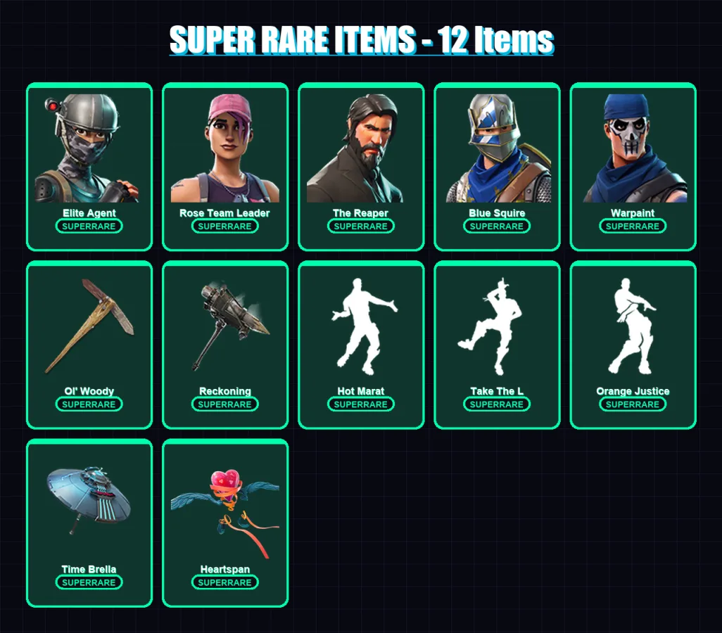 [PC/PSN] | Elite Agent | Rose Team Leader | The Reaper | Blue Squire | Warpaint | 42 skin | 35 pickaxe | 47 emote | 41 glider | Lv385