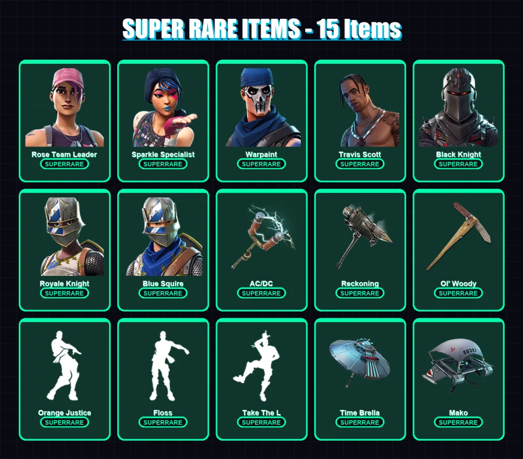 [PC/XBOX/PSN] | Rose Team Leader | Sparkle Specialist | Warpaint | Travis Scott | Black Knight | 84 skin | 78 pickaxe | 113 emote | 84 glider | Lv10