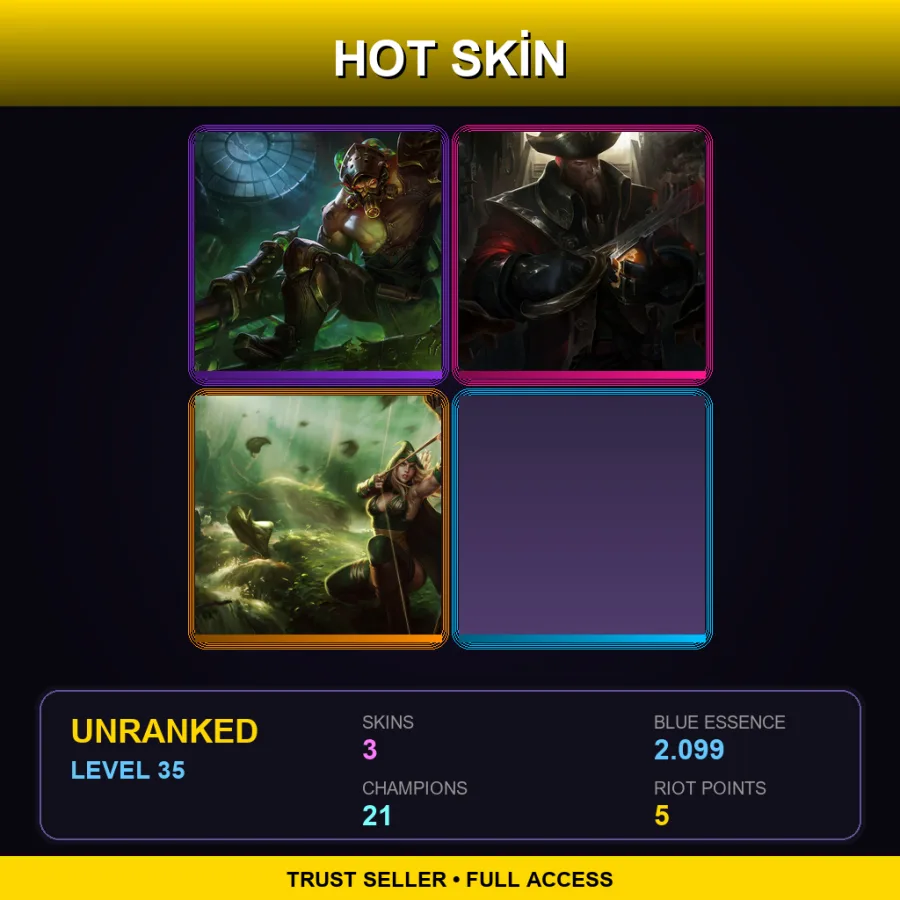 RU | Chemtech Tryndamere | Captain Gangplank | Sherwood Forest Ashe | 3 Skin | 21 Champ | Lv35