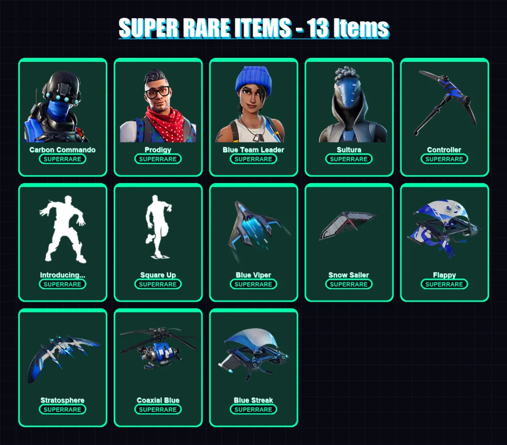 [PS4/PS5/XBOX/PC] | Carbon Commando | Prodigy | Blue Team Leader | Sultura | Summit Striker | 9 skin | 25 pickaxe | 24 emote | 36 glider | Lv346