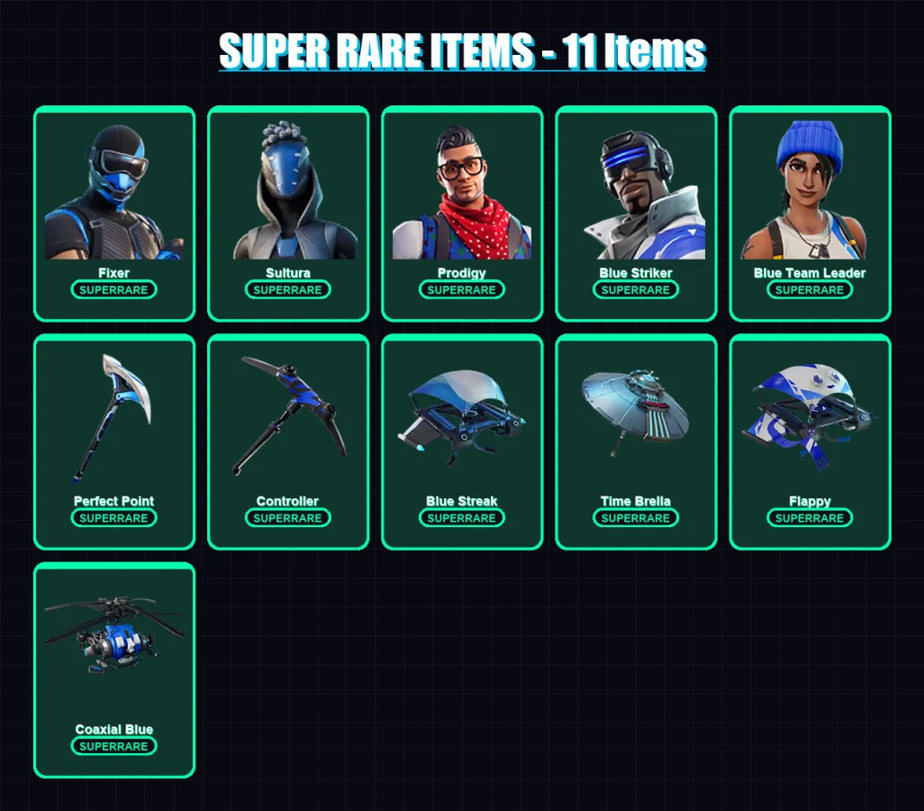 [PS4/PS5/XBOX/PC] | Fixer | Sultura | Prodigy | Blue Striker | Blue Team Leader | 35 skin | 57 pickaxe | 68 emote | 65 glider | Lv1209