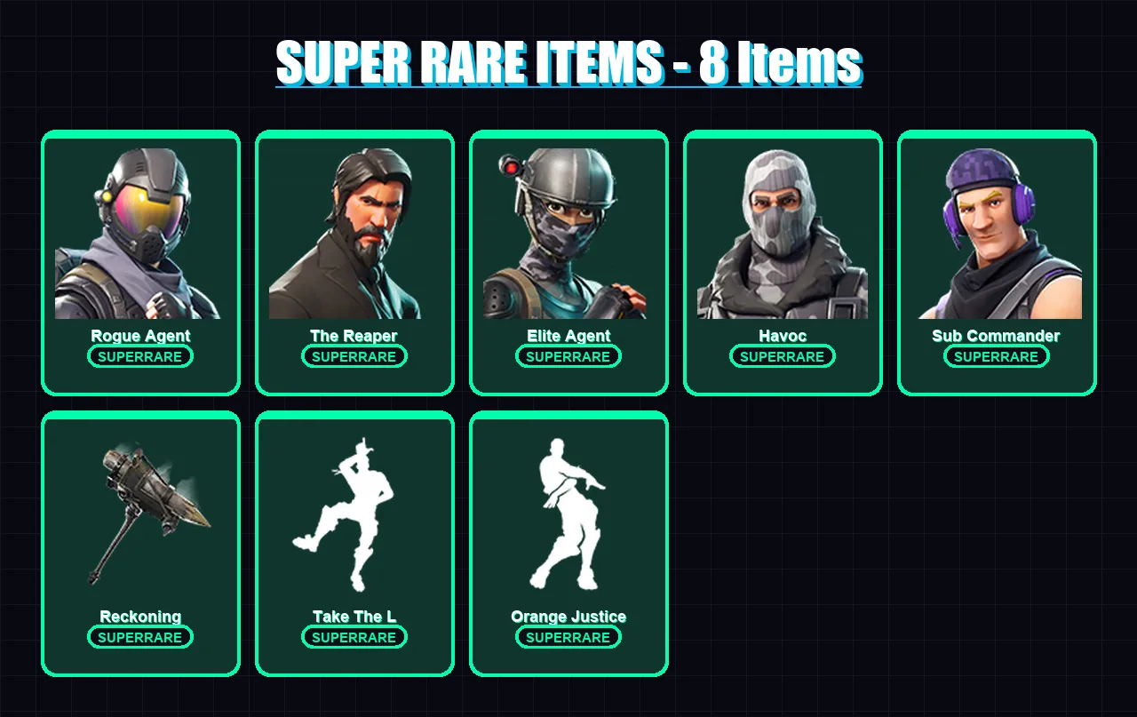 [PS4/PS5/XBOX/PC] | Rogue Agent | The Reaper | Elite Agent | Havoc | Sub Commander | 27 skin | 15 pickaxe | 26 emote | 23 glider | Lv366