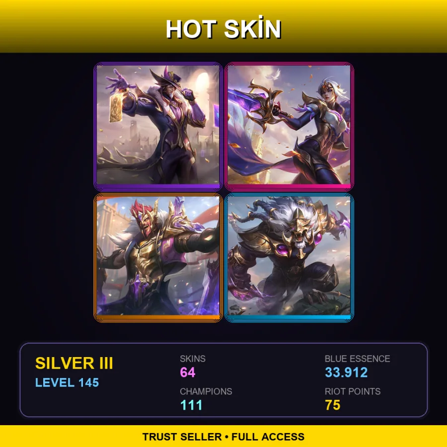 LAS | Victorious Twisted Fate | Victorious Fiora | Victorious Draven | Victorious Rengar | 64 Skin | 111 Champ | Silver III | Lv145