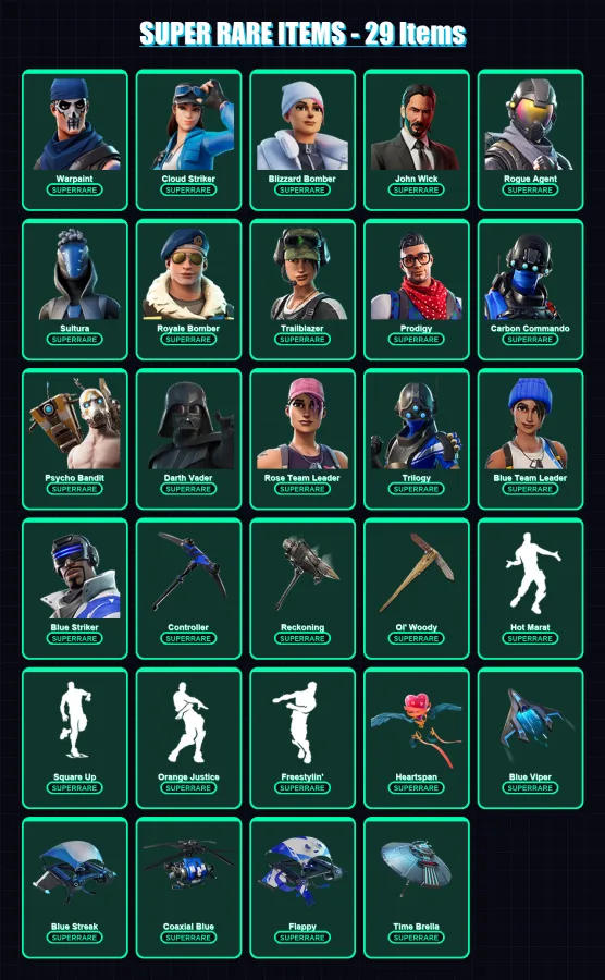 [PS4/PS5/XBOX/PC] | Warpaint | Cloud Striker | Blizzard Bomber | John Wick | Rogue Agent | 260 skin | 261 pickaxe | 253 emote | 218 glider | Lv3679
