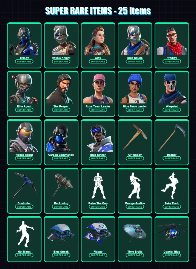 [PC/XBOX] | Trilogy | Royale Knight | Aloy | Blue Squire | Prodigy | 220 skin | 184 pickaxe | 184 emote | 181 glider | Lv2290