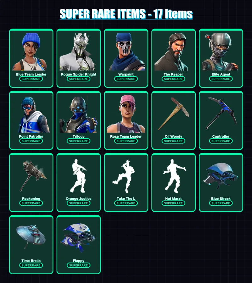 [PC] | Blue Team Leader | Rogue Spider Knight | Warpaint | The Reaper | Elite Agent | 135 skin | 111 pickaxe | 137 emote | 120 glider | Lv1600 — Fortnite account