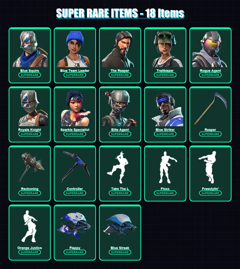 [PS4/PS5/XBOX/PC] | Blue Squire | Blue Team Leader | The Reaper | Trailblazer | Rogue Agent | 33 skin | 32 pickaxe | 44 emote | 42 glider | Lv786