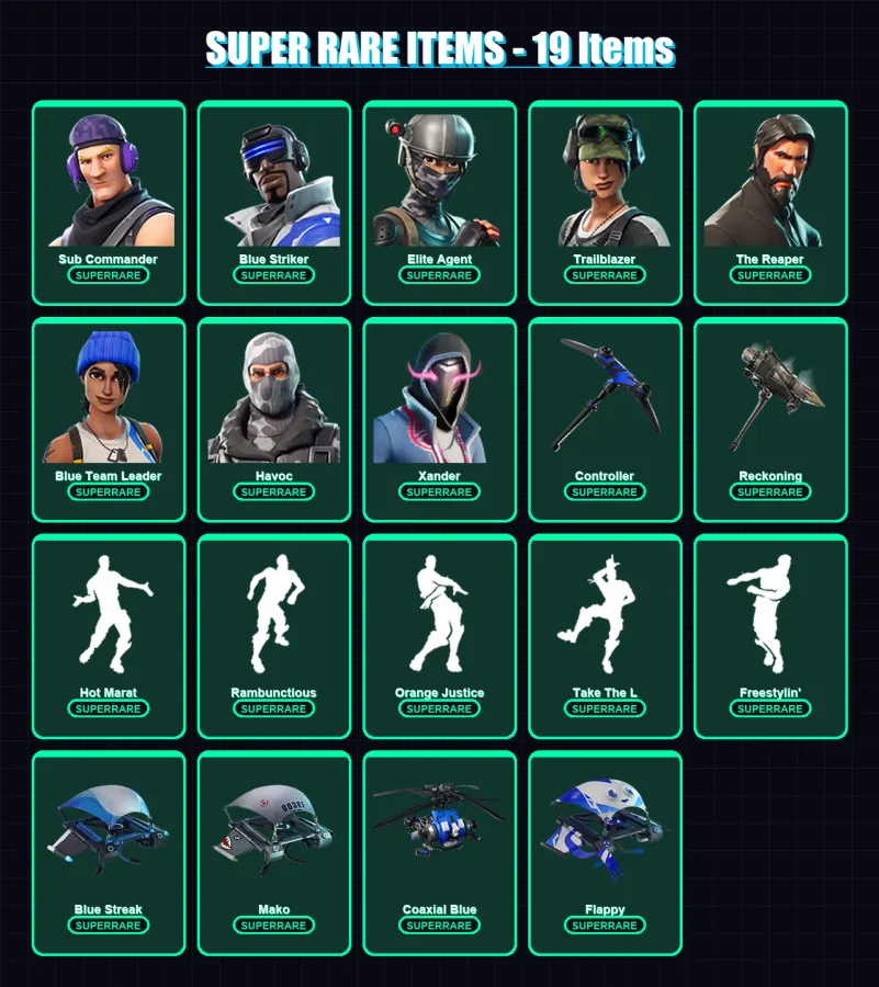 [PS4/PS5/XBOX/PC] | Sub Commander | Blue Striker | Elite Agent | Trailblazer | The Reaper | 74 skin | 82 pickaxe | 80 emote | 85 glider | Lv1119 — Fortnite account
