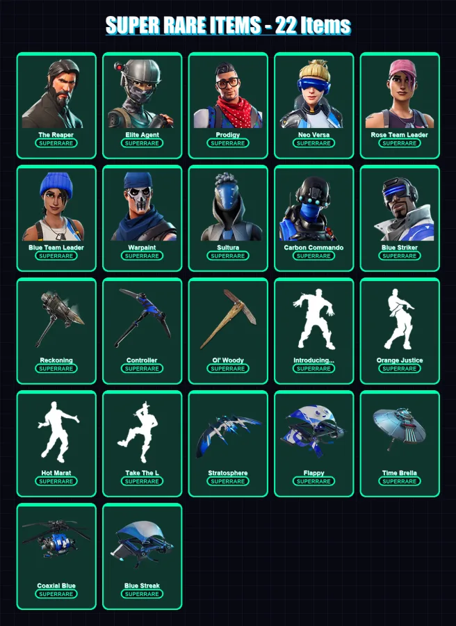 [PC/XBOX] | The Reaper | Elite Agent | Prodigy | Neo Versa | Rose Team Leader | 53 skin | 46 pickaxe | 53 emote | 58 glider | Lv779