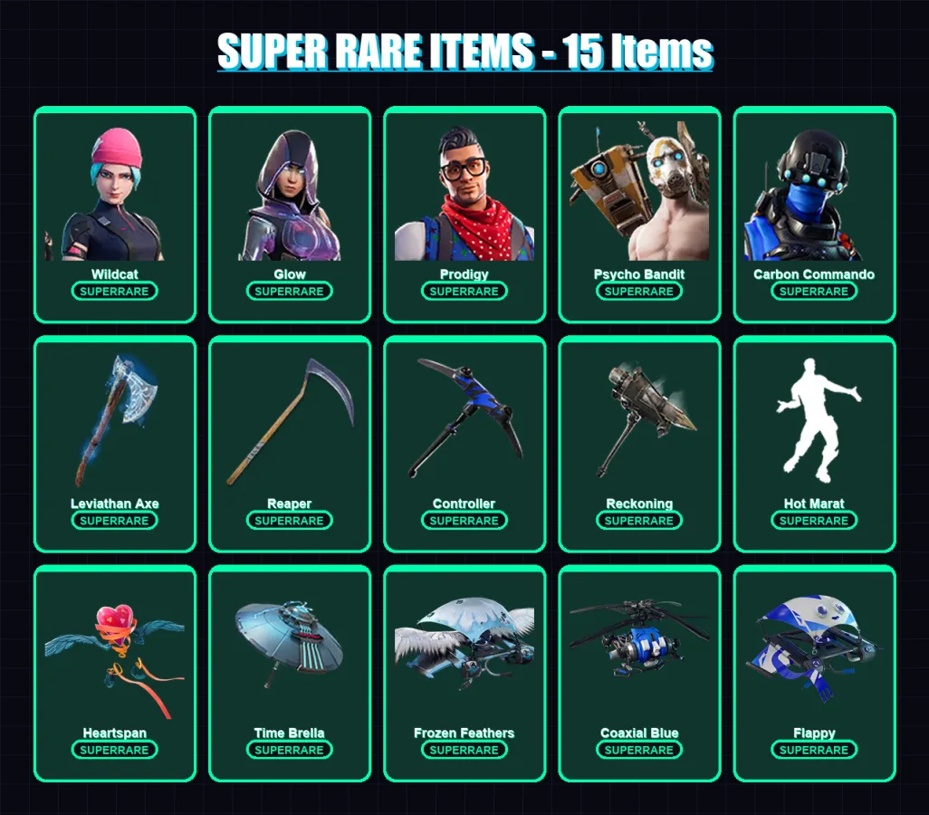 [PC/XBOX] | Wildcat | Glow | Prodigy | Psycho Bandit | Carbon Commando | 229 skin | 268 pickaxe | 190 emote | 196 glider | Lv4230 — Fortnite account