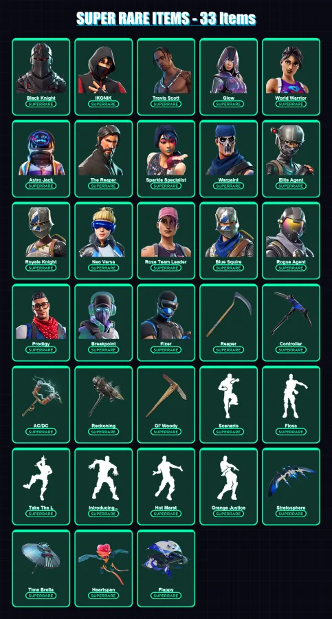 [PC/XBOX/PSN] | Black Knight | IKONIK | Travis Scott | Glow | World Warrior | 246 skin | 168 pickaxe | 222 emote | 152 glider | Lv2158