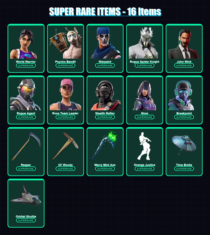 [PC/XBOX/PSN] | World Warrior | Psycho Bandit | Warpaint | Rogue Spider Knight | John Wick | 320 skin | 217 pickaxe | 147 emote | 165 glider | Lv244