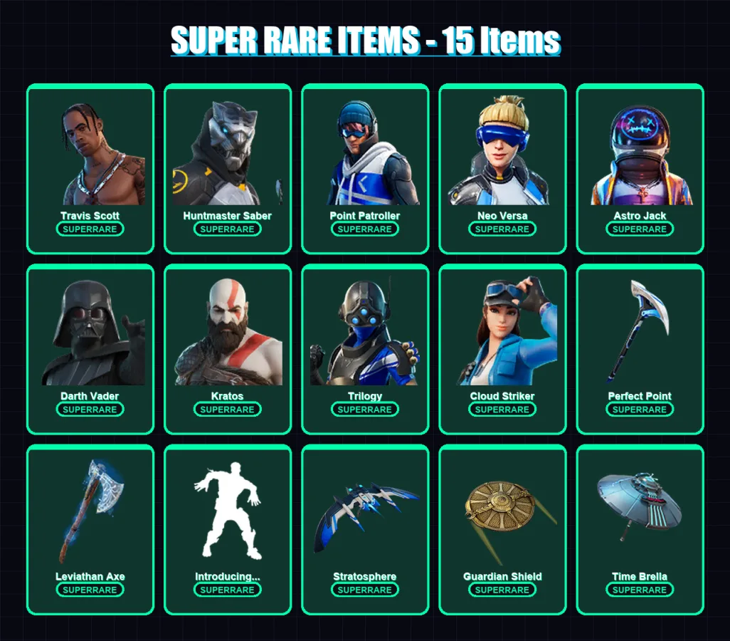 [PS4/PS5/PC] | Travis Scott | Huntmaster Saber | Point Patroller | Neo Versa | Astro Jack | 113 skin | 114 pickaxe | 92 emote | 95 glider | Lv1803