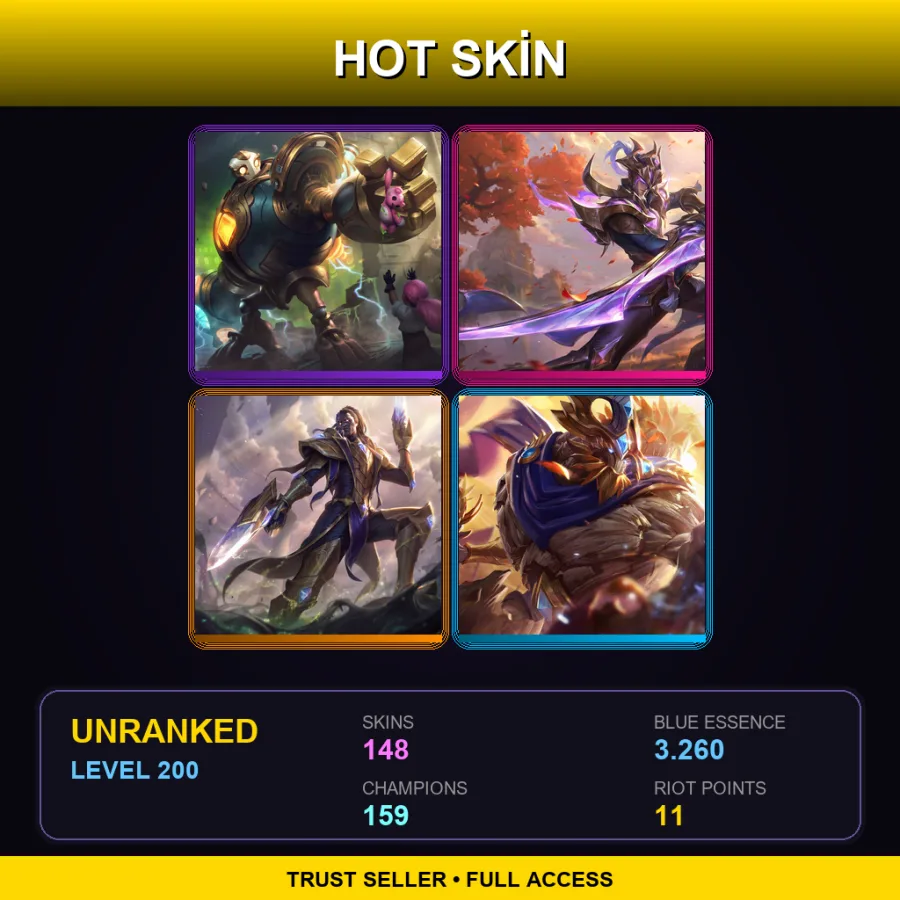 EUNE | Lv200 | Unranked | 148 Skin | 159 Champ — LoL account