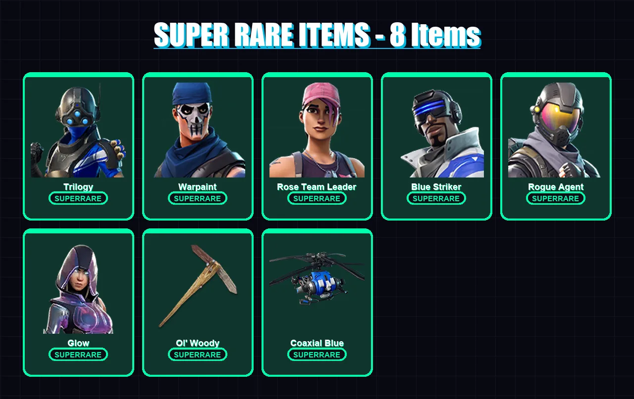 [PC/XBOX/PSN] | Trilogy | Warpaint | Rose Team Leader | Blue Striker | Rogue Agent | 48 skin | 44 pickaxe | 42 emote | 42 glider | Lv535