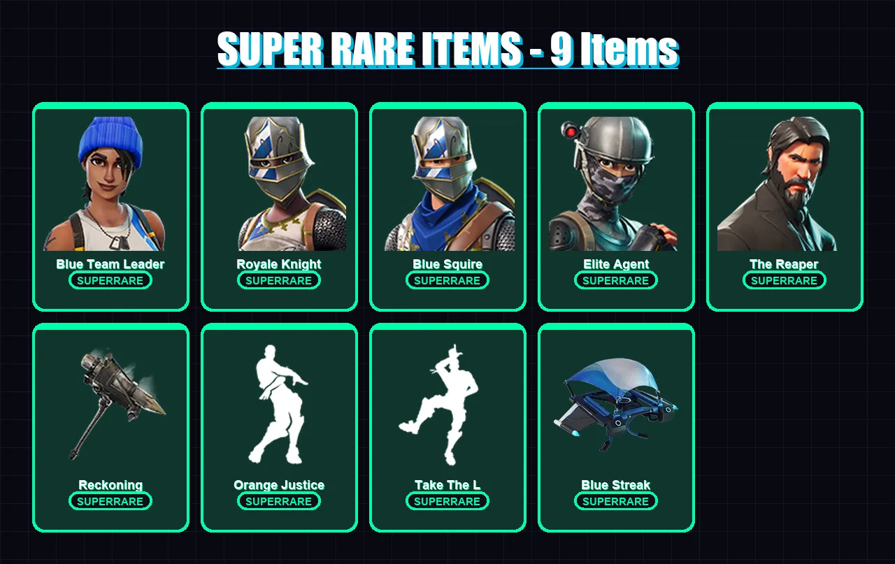 [PS4/PS5/XBOX/PC] | Blue Team Leader | Royale Knight | Blue Squire | Elite Agent | The Reaper | 34 skin | 20 pickaxe | 26 emote | 25 glider | Lv339