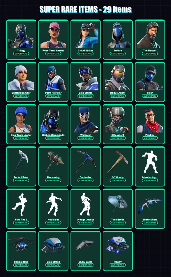 [PS4/PS5/XBOX/PC] | Trilogy | Rose Team Leader | Cloud Striker | Sultura | The Reaper | 241 skin | 254 pickaxe | 225 emote | 224 glider | Lv3614