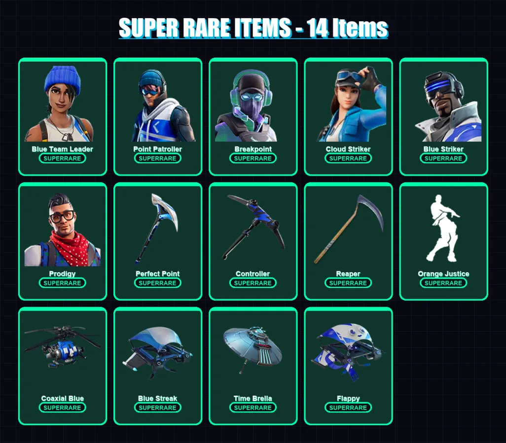 [PC] | Blue Team Leader | Point Patroller | Breakpoint | Cloud Striker | Blue Striker | 131 skin | 157 pickaxe | 104 emote | 125 glider | Lv2080