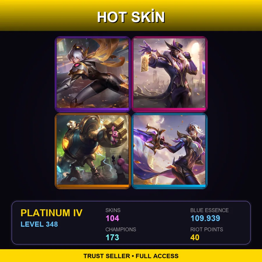 LAN | Prestige PROJECT: Irelia | Victorious Twisted Fate | Victorious Blitzcrank | Victorious Fiora | 104 Skin | 173 Champ | Platinum IV | Lv348