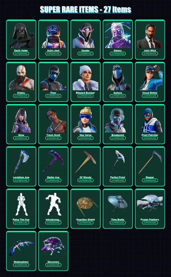 [PS4/PS5/XBOX/PC] | Darth Vader | Astro Jack | Xander | Galaxy | John Wick | 495 skin | 474 pickaxe | 495 emote | 290 glider | Lv5239