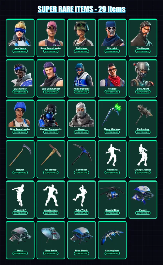 [PC/XBOX] | Neo Versa | Rose Team Leader | Trailblazer | Warpaint | The Reaper | 165 skin | 175 pickaxe | 131 emote | 148 glider | Lv2041