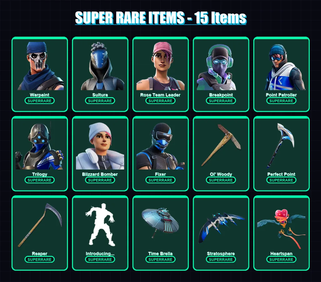 [PC/XBOX] | Warpaint | Sultura | Rose Team Leader | Breakpoint | Point Patroller | 115 skin | 123 pickaxe | 124 emote | 115 glider | Lv1697
