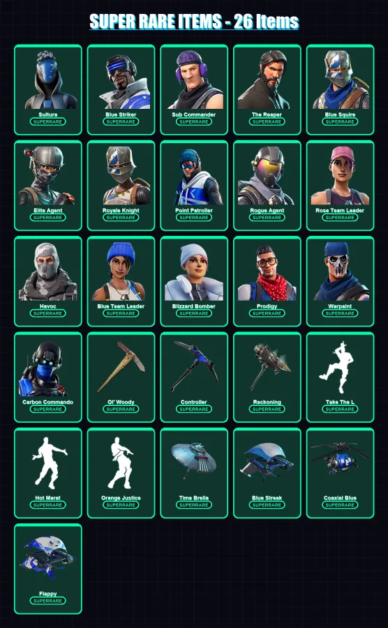 [PS4/PS5/XBOX/PC] | Sultura | Blue Striker | Sub Commander | The Reaper | Blue Squire | 132 skin | 141 pickaxe | 106 emote | 113 glider | Lv1620